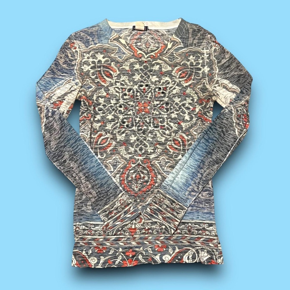 Y2K Sheer Rhinestone Graphic Top Size Medium Mcbling Cybergrunge Fairycore